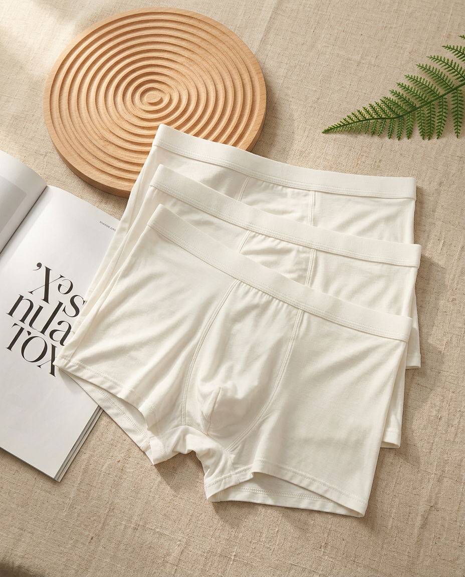 Pack de 3 boxers MAÉO modal blanc, posés sur lin beige avec planche bois et fougère verte
