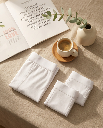 Le rituel matin MAÉO — boxers blancs, café et eucalyptus sur lin